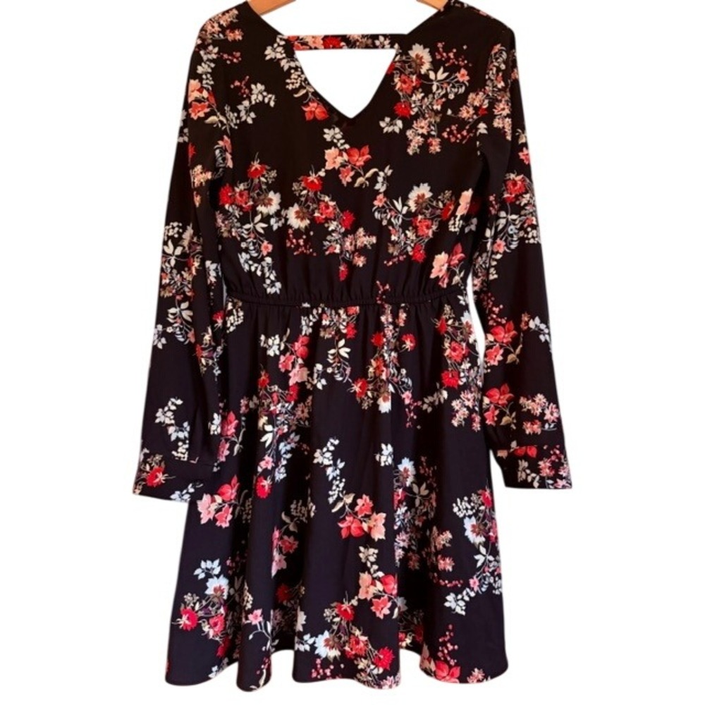 LOFT Womens Small Black Floral V-Neck Cutout Back Long Sleeve Mini Dress - Picture 5 of 8